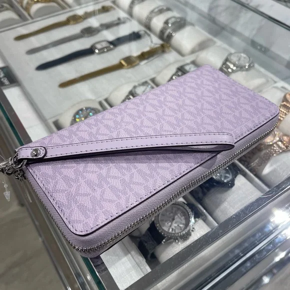 MICHAEL KORS Jet Set Large Signature Logo Continental Wallet Wristlet Lt Quartz - Picture 10 of 16